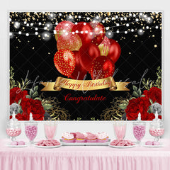 Lofaris Red Balloon Rose Happy Birthday Gold Glitter Lights Black Backdrop