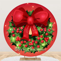 Lofaris Red Bow And Winter Berries Circle Christmes Backdrop