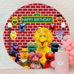 Lofaris Red Brick Wall Cute Doll Happy Birthday Round Backdrop