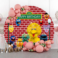 Lofaris Red Brick Wall Cute Doll Happy Birthday Round Backdrop