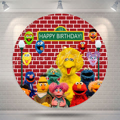 Lofaris Red Brick Wall Cute Doll Happy Birthday Round Backdrop