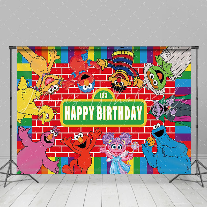 Lofaris Red Bricks And Cartoon Dolls Happy Birthday Backdrop