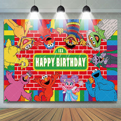 Lofaris Red Bricks And Cartoon Dolls Happy Birthday Backdrop