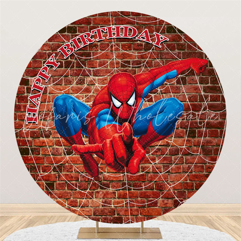 Lofaris Red Bricks Round Super Hero Happy Birthday Backdrop