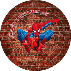 Lofaris Red Bricks Round Super Hero Happy Birthday Backdrop