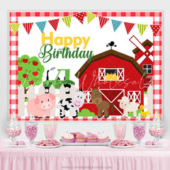 Lofaris Red Farm House And Animals Happy Birthday Backdrop