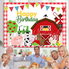 Lofaris Red Farm House And Animals Happy Birthday Backdrop