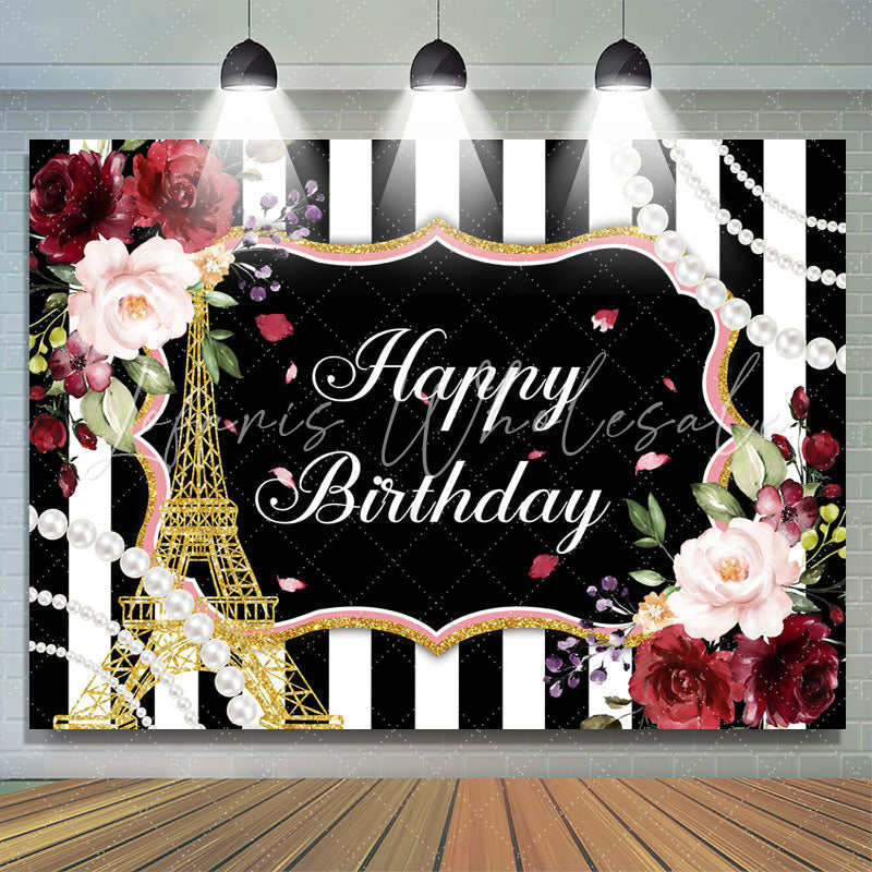 Lofaris Red Floral And Glitter Eiffel Tower Birthday Backdrop