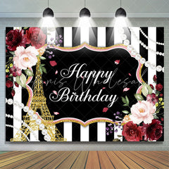 Lofaris Red Floral And Glitter Eiffel Tower Birthday Backdrop