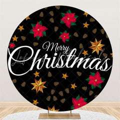 Lofaris Red Floral Gold Black Round Merry Chrismas Backdrop