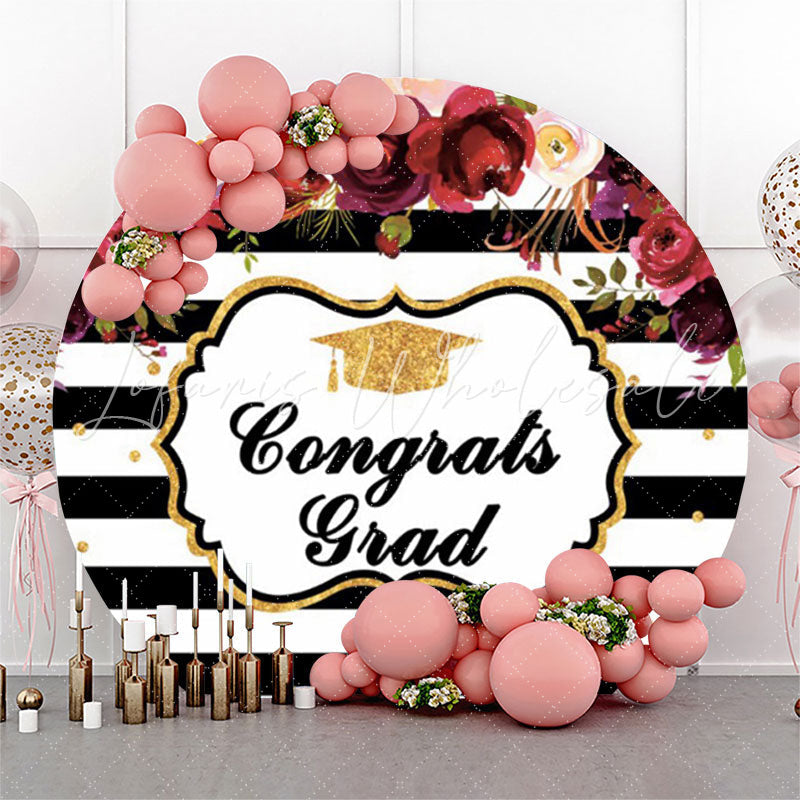 Lofaris Red Floral Stripe Graduation Party Circle Backdrop