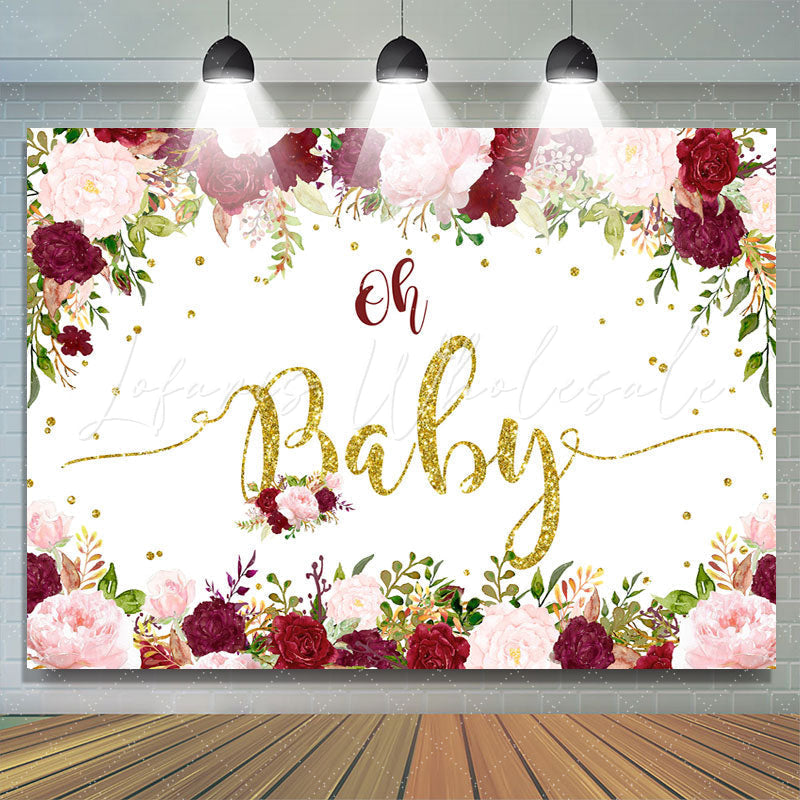 Lofaris Red Floral with Glitter Baby Shower Backdrop For Girl