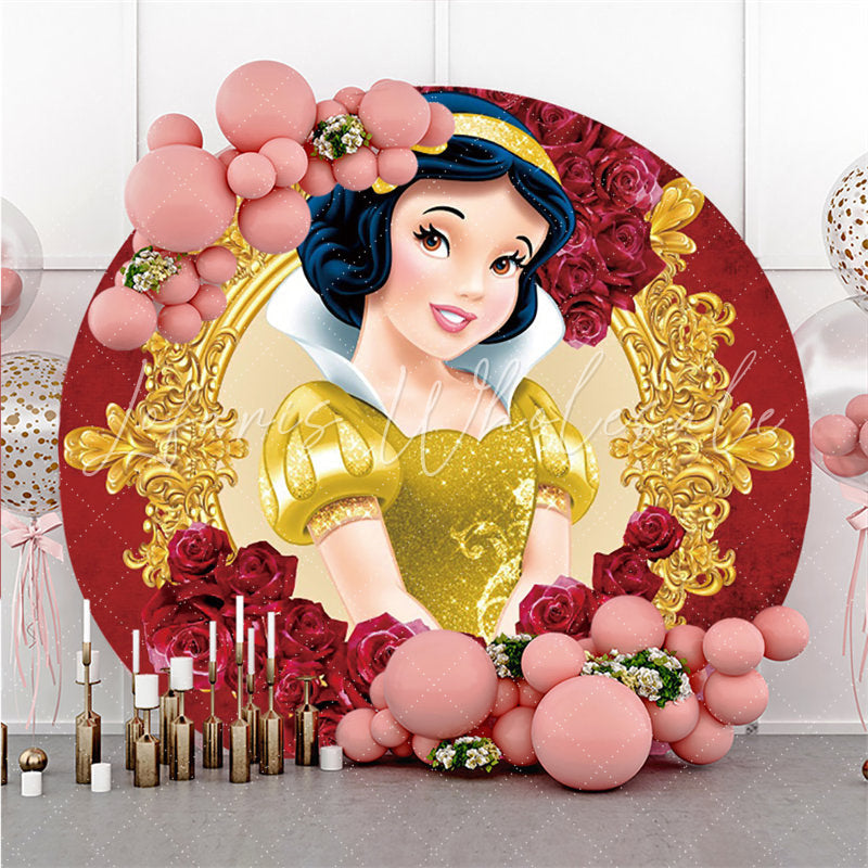 Lofaris Red Flower Gold Princess Round Happy Birthday Backdrop