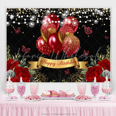 Lofaris Red Glitter Butterfly Gold Happy Birthday Backdrop