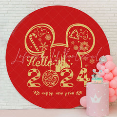 Lofaris Red Mouse Hello 2024 Round Happy New Year Backdrop