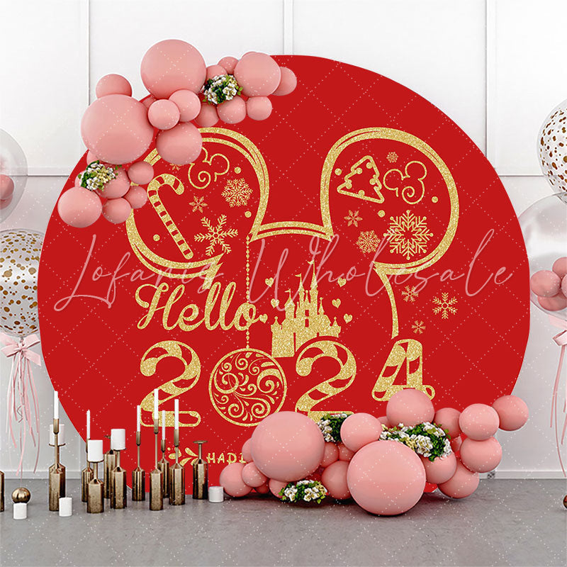 Lofaris Red Mouse Hello 2024 Round Happy New Year Backdrop