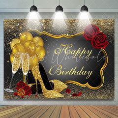 Lofaris Red Rose Floral Glitter Gold Happy Birthday Backdrop