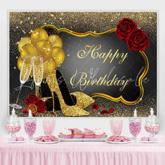 Lofaris Red Rose Floral Glitter Gold Happy Birthday Backdrop