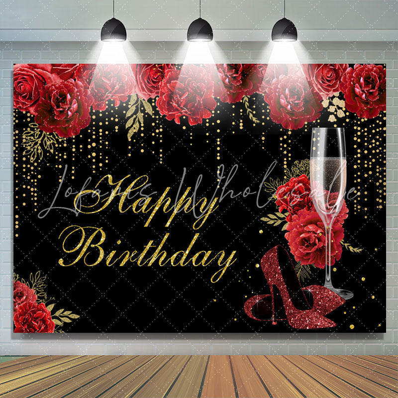 Lofaris Red Rose High Heel Glass Happy Birthday Backdrop