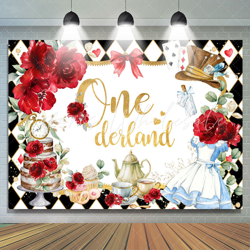 Lofaris Red Rose Rhombic Plaid Teatime 1st Birthday Backdrop