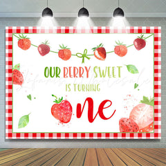 Lofaris Red Squares Lovely Strawberries 1st Birthday Backdrop