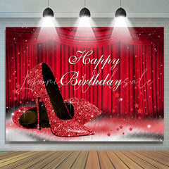 Lofaris Red Stage and High Heel Glitter Happy Birthday Backdrop