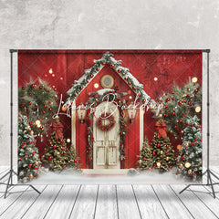 Lofaris Red White Retro Wooden Door Trees Christmas Backdrop