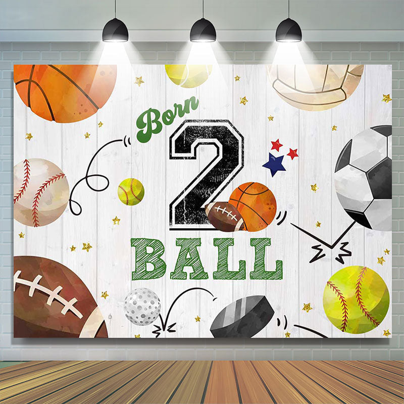 Lofaris Retro Balls Sports Wood Grain 2nd Birthday Backdrop