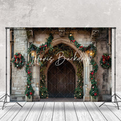 Lofaris Retro Brick Wall Wooden Door Leaf Christmas Backdrop