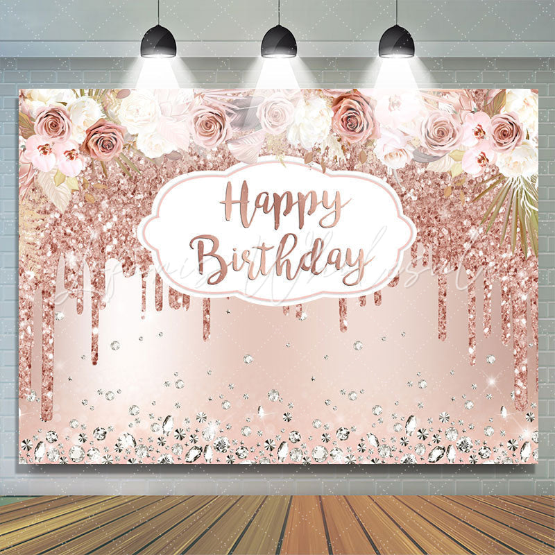 Lofaris Rose Gold Floral And Glitter Happy Birthday Backdrop