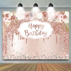 Lofaris Rose Gold Floral And Glitter Happy Birthday Backdrop