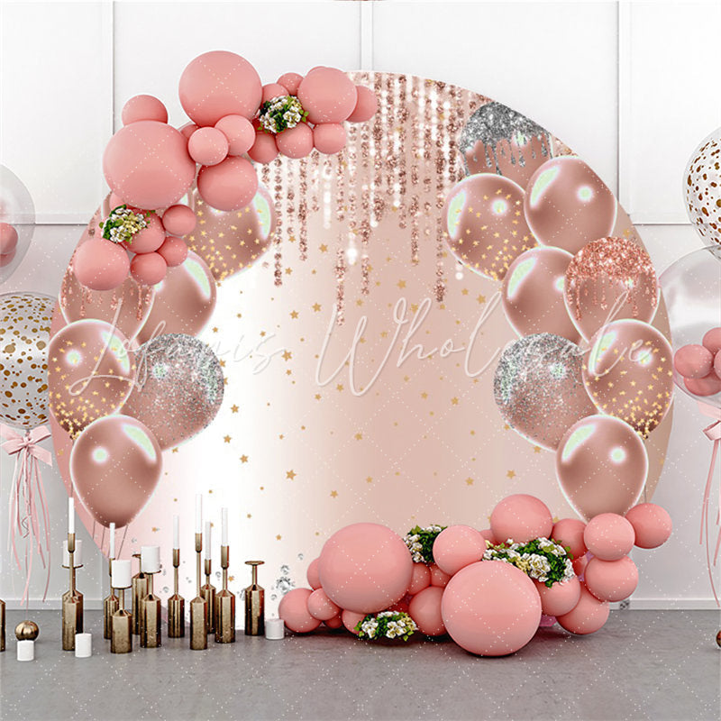 Lofaris Rose Golden Balloons Lights Round Glitter Backdrop