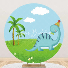 Lofaris Round Blue Dinosaur Green Lawn Palm Trees Backdrop