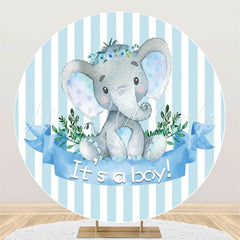 Lofaris Round Blue Stripe Elephant Baby Shower Backdrop For Boy