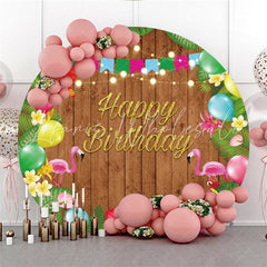 Lofaris Round Brown Wooden And Flower Happy Birthday Backdrop