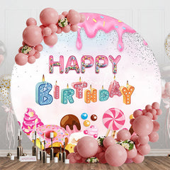 Lofaris Round Candyland Donuts Cream Happy Birthday Backdrop