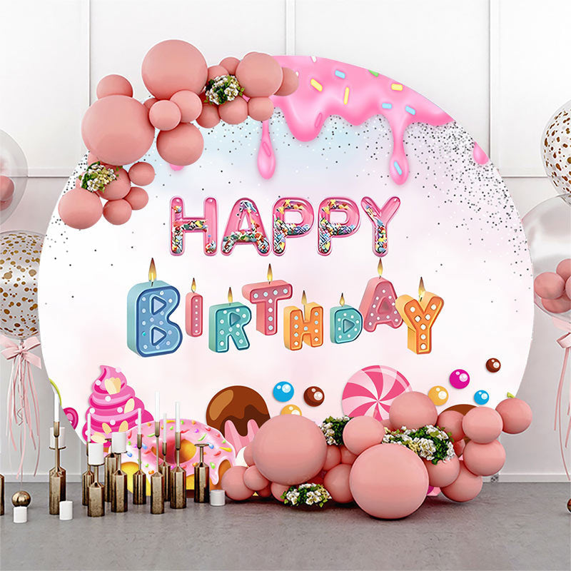 Lofaris Round Candyland Donuts Cream Happy Birthday Backdrop