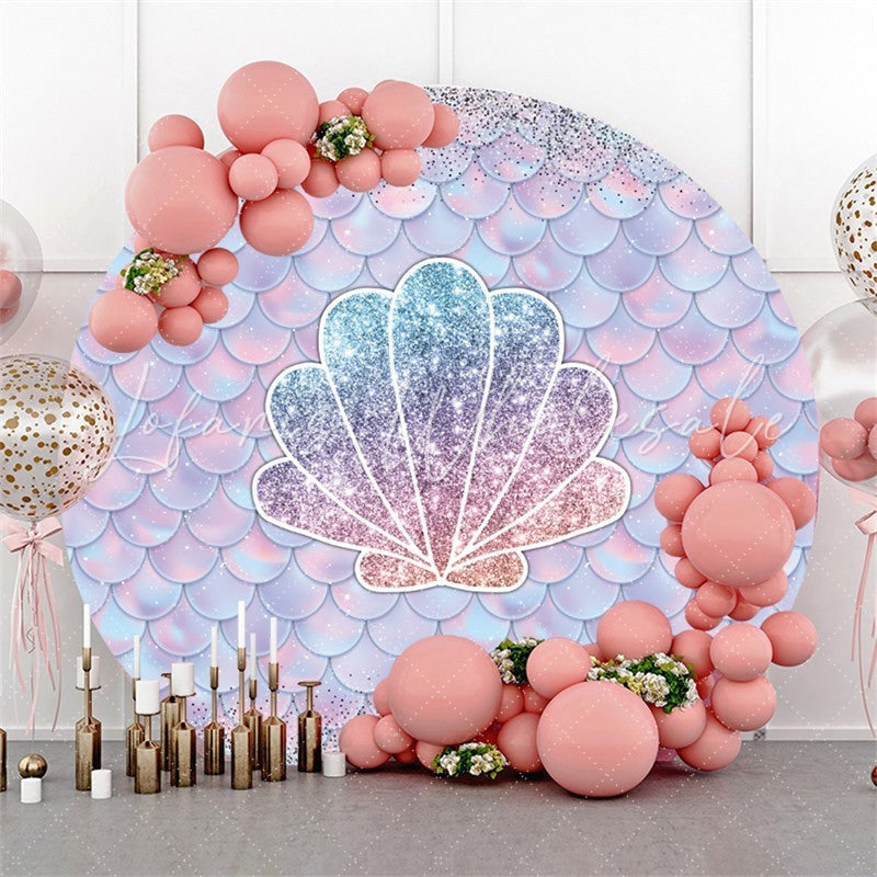 Lofaris Round Glitter Mermaids Shells Happy Birthday Backdrop