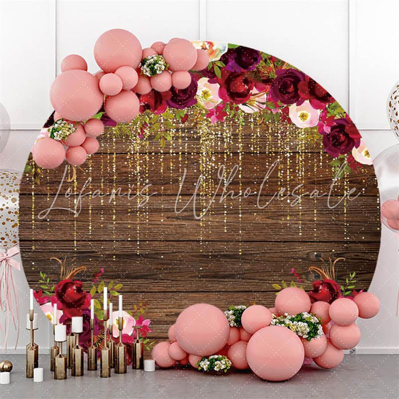 Lofaris Round Glitter Red Rose Wooden Happy Birthday Backdrop