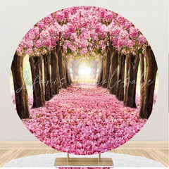 Lofaris Round Pink Flower And Trees Happy Birthday Backdrop