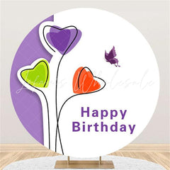 Lofaris Round Purple Butterfly Happy Birthday Backdrop For Girl