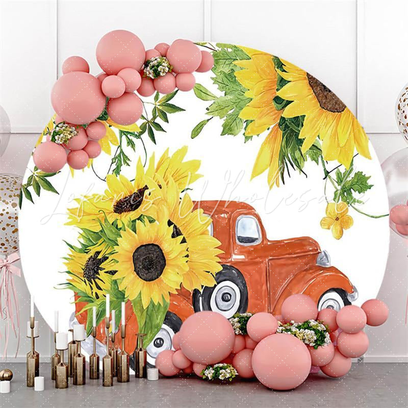 Lofaris Round Red Car Yellow Sunflower Happy Birthday Backdrop