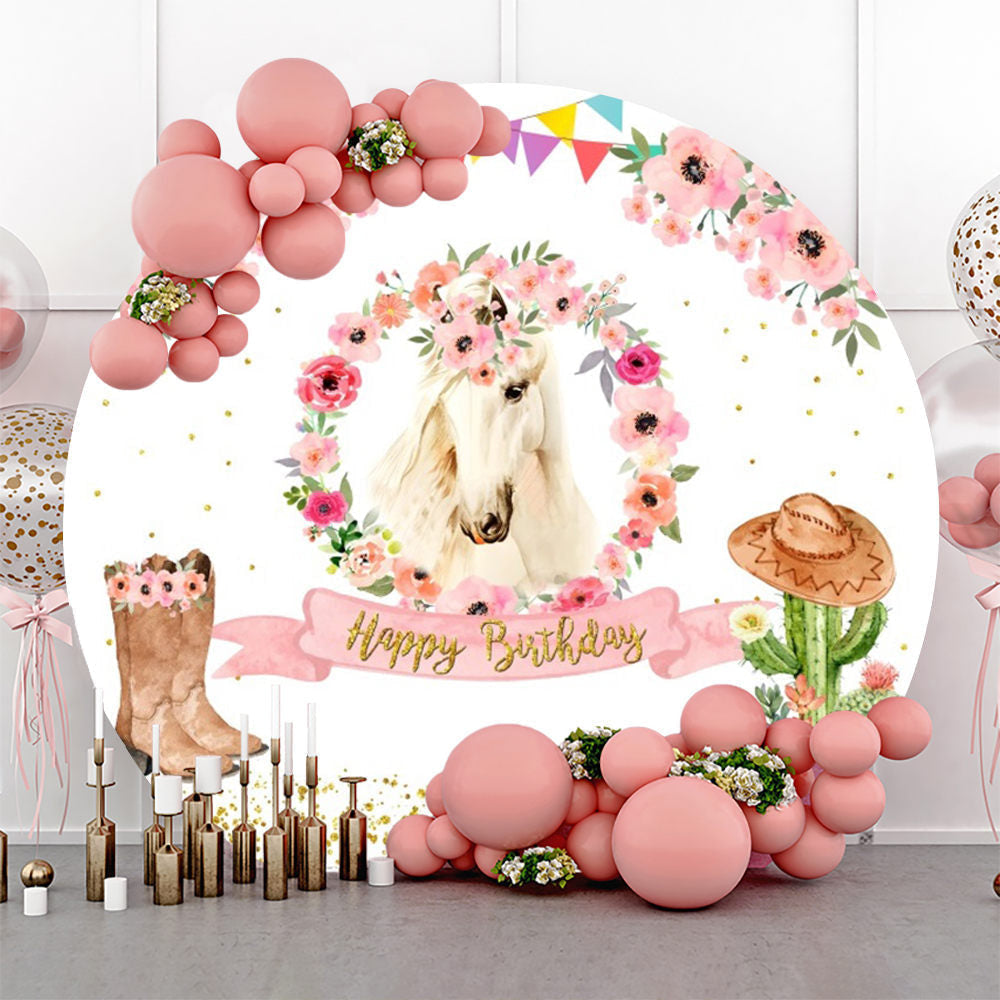 Lofaris Rustic Cowboy Horse Flower Round Birthday Backdrop