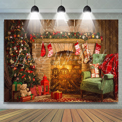 Lofaris Rustic Fireplace Christmas Tree Portrait Backdrop