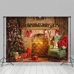 Lofaris Rustic Fireplace Christmas Tree Portrait Backdrop