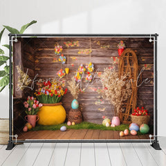 Lofaris Rustic Wooden Wall Floral Eggs Birthday Backdrop