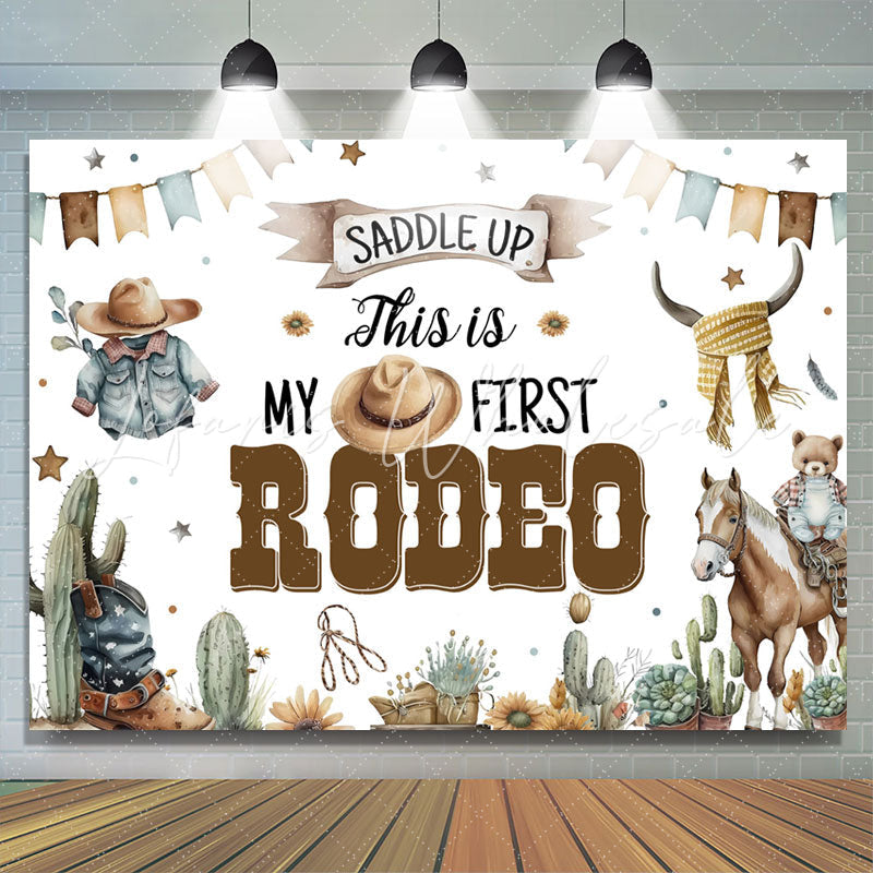 Lofaris Saddle Up First Rodeo Western Boy Birthday Backdrop