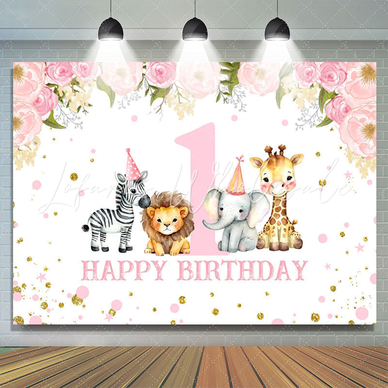 Lofaris Safari Pink Floral Animals 1st Birthday Backdrop