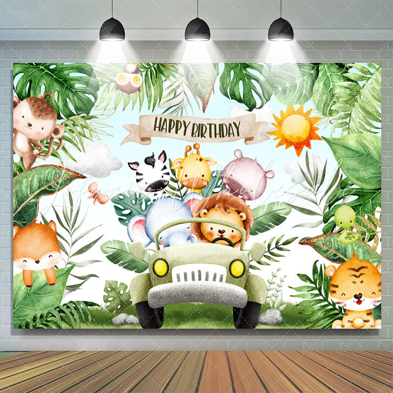 Lofaris Safari Wild Green Leaves Car Happy Birthday Backdrop