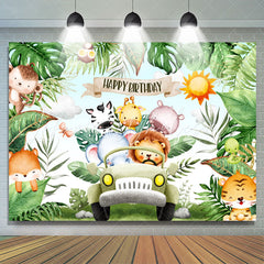 Lofaris Safari Wild Green Leaves Car Happy Birthday Backdrop